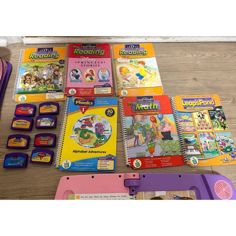 Leapfrog Learning System Lot Purple 2001 Vtg 7 Books 8 Cartridges /w Case Tested